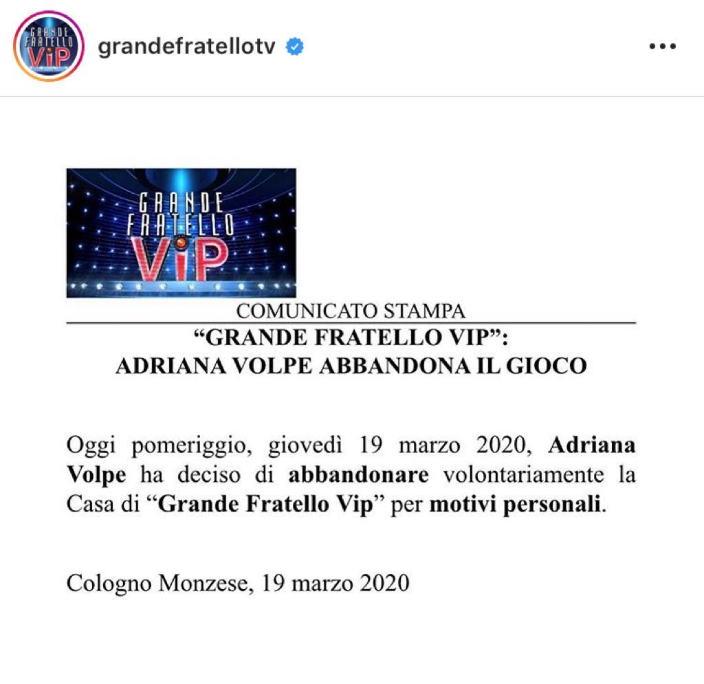 adriana volpe uscita gf vip motivi salute coronavirus famiglia