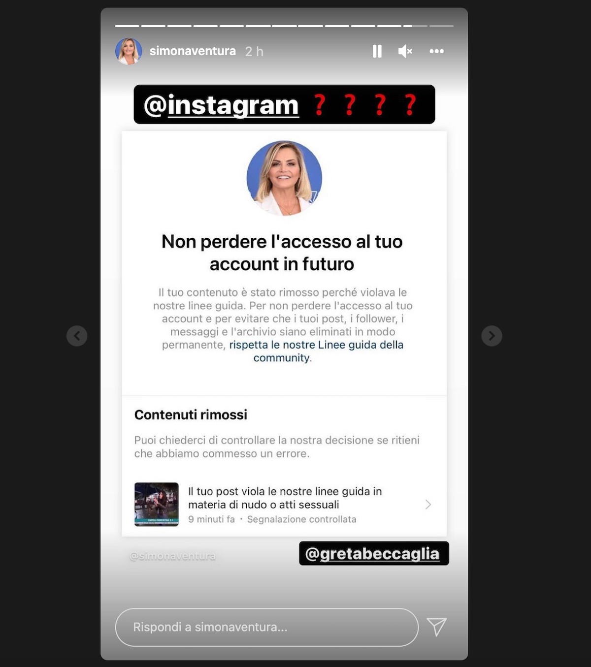 simona ventura post bannato instagram