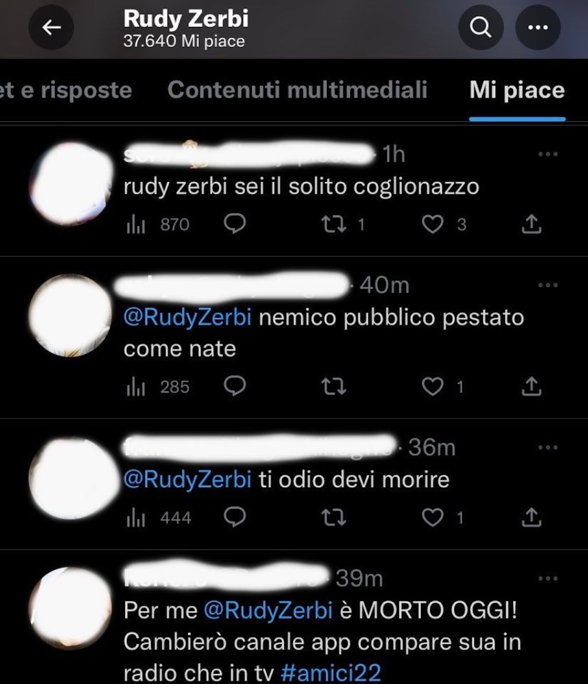 amici 22 minacce rudy zerbi